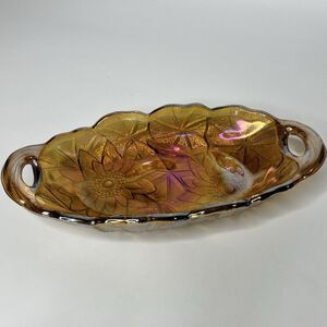Vtg Indiana Glass Sunflower Dish Amber Marigold Carnival Glass Candy Relish Bowl